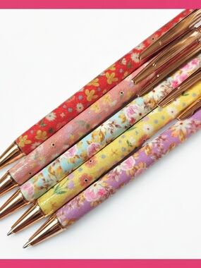 5 Pcs. Floral Ballpoint Push Pens- Multicolor with Rose‎ Gold Accents